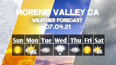 Moreno Valley Weather Pages (California) including current sensor readings, forecasts, weather news and features, ... 30 Day Sunrise and Sunset Almanac: Extreme Temperatures. Today: Time: Normal: Last Year: High: 61°F: 12:29 AM: 75°F: ... Moreno Valley Forecast Sunday, April 9, 2023. Today's forecast is coming soon.. 