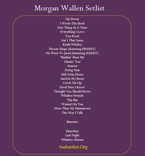 Morgan Wallen Setlist 2023 Tour. This is the complete setlist of the Tour. You will see Morgan Wallen Performing These songs during Concert. Check the Full Setlist below. ... Fenway Park: 26 Aug 2023: Washington, D.C. - Nationals Park: 16 Sept 2023: Toronto, Ont. Canada - Budweiser Stage: 18 Sept 2023: London, Ont. Canada - Budweiser .... 