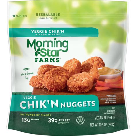 Morningstar chicken nuggets. MorningStar Farms Vegetarian Chicken Line Is Now Vegan. Earlier this year, veggie meat brand MorningStar Farms dropped milk and egg whites from its Chik’N ingredients list, ensuring its Buffalo Wings, Chik Patties, and Chik’N Nuggets were 100 percent plant-based. The brand hasn’t looked back since and has now launched a brand new vegan ... 
