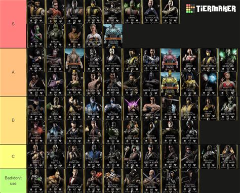 Create a ranking for Mortal Kombat Mobile Characters. 1. Edit the label text in each row. 2. Drag the images into the order you would like. 3. Click 'Save/Download' and add a title and description. 4. Share your Tier List.