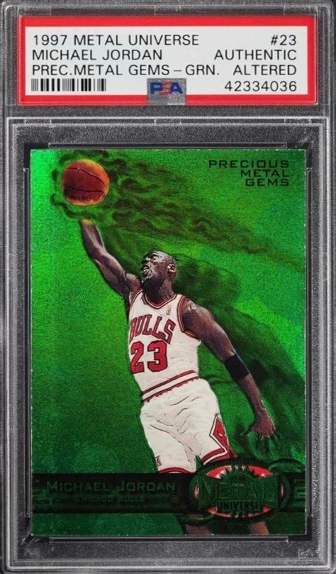 3. 1997 Metal Universe Michael Jordan Precious Metal Gems Green /10 PSA Authentic: $915,000. Image credit: Heritage. Number three includes one of the most heralded sets in all of card collecting ...