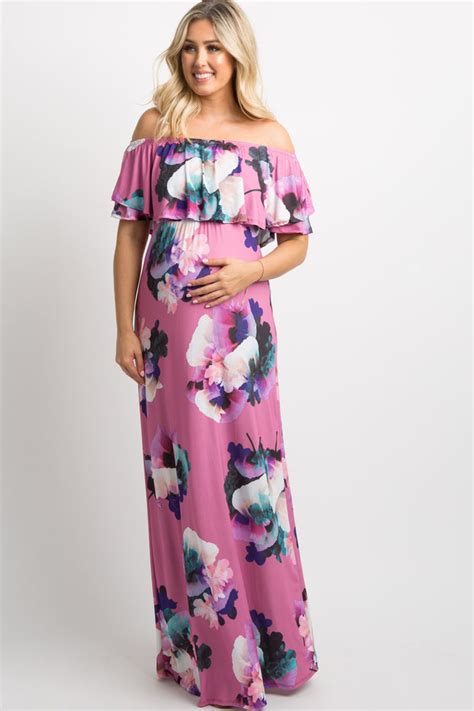 Mother Bee Maternity Red Floral Maternity Off-Shoulder Maxi Dress …