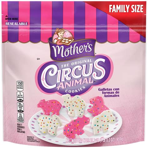 Mothers animal cookies. contains 2 bags of 9 ounce mother's sparkling mythical creature cookies. ingredients: sugar, enriched flour (wheat flour, niacin, reduced iron, vitamin b1 [thiamin mononitrate], vitamin b2 [riboflavin], folic acid), hydrogenated palm kernel oil, nonfat milk, contains 2% or less of cornstarch, high fructose corn syrup, salt, soy lecithin, artificial flavors, baking soda, color added ... 