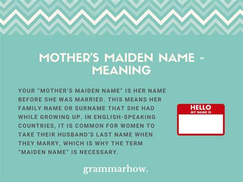Mothers maiden name. Nov 25, 2015 ... According to Mr Google: The definition of a maiden name is the surname or birth name a woman has before she marries and takes her husband's last ... 