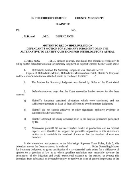 Motion Summary Judgment Form Fill Out and Sign Printable PDF Template