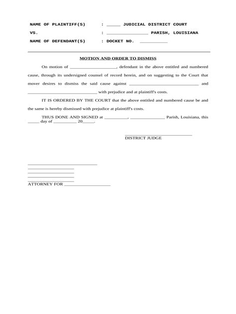 Motion and Order to Dismiss by Defendant Louisiana Form Fill Out and