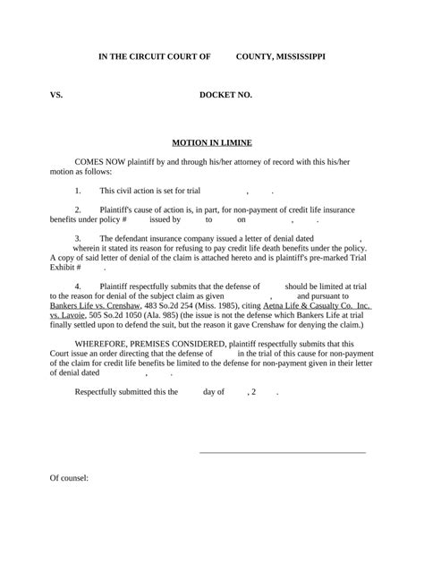 Motion in Limine Mississippi Form Fill Out and Sign Printable PDF