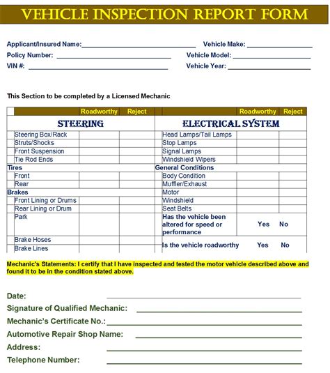 Motor Vehicle Inspection Report Form Sample Form Resume Examples 