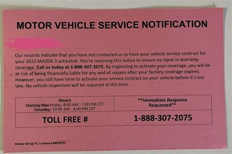 Motor vehicle service notification. Be ready for a stream of 'reminders' to come in for service (usually before required by the manual) both through mail, email, and phone calls. I would recommend using a trusted shop for all your maintenance and stay away from the Mazda dealership. 