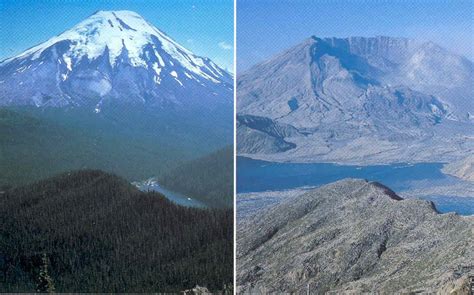 Mount st helens before and after. Helens and the magnificent forests and meadows on its north side. Area north of the volcano before the eruption. Same view, three months after the eruption. 