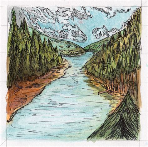 Mountain With River Drawing