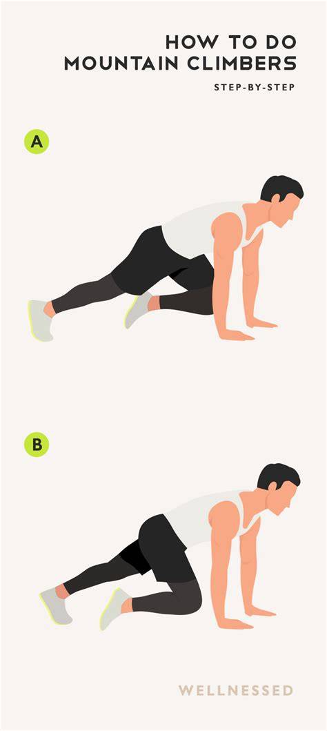 Mountain climbers exercise steps.  Step-by-step instructions, expert tips, ...