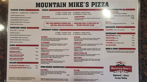 Mountain mikes menu. Serving up the best pizza in Fortuna the same way Mountain Mike’s has done it since 1978 — dough rolled fresh daily, using real whole milk mozzarella, vegetables and meats sliced every day…all on a fresh, golden brown crust…with superior service for dine in, carry out or delivery. We are located on 1095 S. Fortuna Blvd. in Fortuna, CA. 