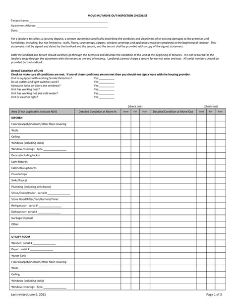 Move in/Move out Inspection Sheet Template Download Printable PDF