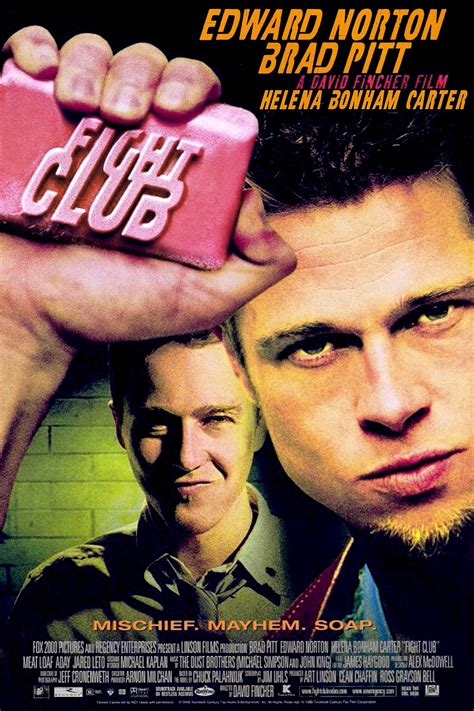 Movie fight club. Fight Club is a 1999 American film directed by David Fincher, and starring Brad Pitt, Edward Norton and Helena Bonham Carter. It is based on the 1996 novel by Chuck Palahniuk. Norton plays the unnamed narrator, who is discontented with his white-collar job. He forms a "fight club" with soap salesman Tyler … See more 