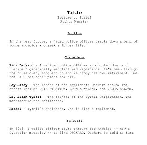 Movie treatment examples. In short, a director’s treatment is a (digital) pitch document that outlines the creative vision and ideas for how the final film will look and feel and what it will be about, according to you—the director. In essence, it's an audition in written words for the project pitch you want to win as a filmmaker. 