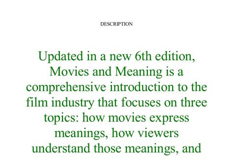 Movies and meaning an introduction to film 6th edition. - A handbook for language program administrators alta professional.