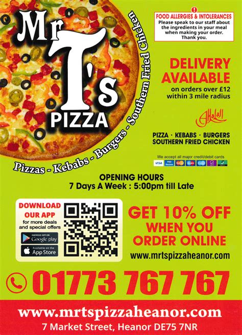 Mr ts pizza. Oct 19, 2023 · Mr Ts Pizza offers great tasting chicken strippers, chicken nuggets, pizzas, burgers, Kebabs and Southern Fried Chicken. Order online at Mr Ts Pizza Heanor. Email Us. Name * Phone * Email * Message * Send Message. Location. 7 Market Street, Heanor, DE75 7NR, 01773 767767. Food Hygiene Rating. 