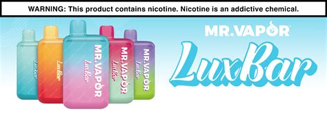 Mr. Vapor Lux Bar Disposable Mr. Vapor LuxBar! 5000 Puff disposable with recharging capability to keep flavorful h $18.99 - $34.99 Options Sale Quick view Mr. Vapor Mr. Vapor - Disposable (10 FOR $20) 5% salt nicotine 1.3mL capacity Was: $5.99 $5 ...