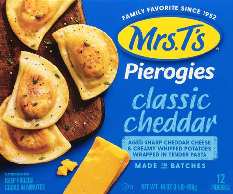 Mrs t pierogies. Pierogies are stuffed pasta pockets, kind of like ravioli, only semicircle-shaped - like a "smile." Our classic pierogies are stuffed with creamy whipped potatoes and aged cheddar cheese, but we have all kinds of flavors bursting with big, bold flavors perfect for any get-together! Contains: Wheat, Eggs, Soy, Milk. Package Quantity: 1. 