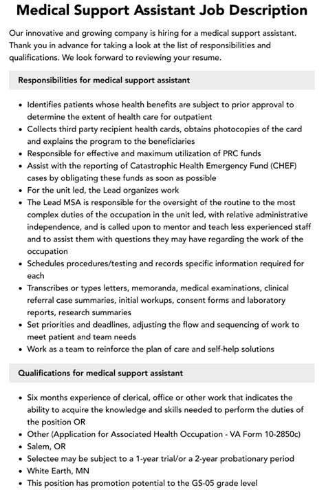 Msa job description.  The Medical Support Assistant is responsible for prov...