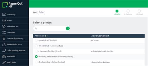 With Web Print you can upload a document to Papercut, select the printer, and print. Regular charges to lab printers apply to web printing as well. After logging into the site: Go to the "Web Print" link on the left sidebar. Click "Submit a Job". Select the appropriate printer. Select the number of copies, and click upload documents.. 