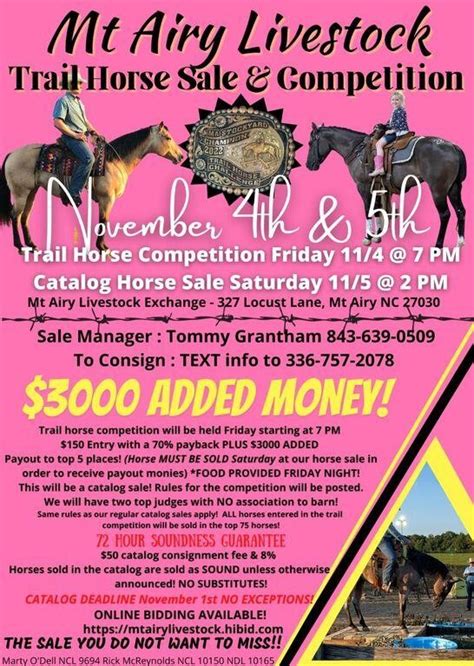Mt airy horse auction. November Racing Consignment Sale. Nov 14, 2023 Iron Horse Auction Company - Auction Rockingham , NC , United States. Find all upcoming auctions in North Carolina United States. Browse online and on-site auctions for real estate, equipment, farm machinery, autos, collectibles and more. 