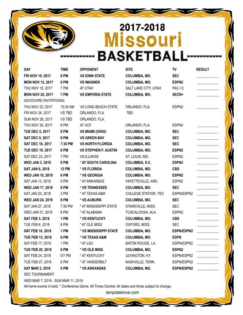 Full Missouri Tigers schedule for the 2023-24 season including dates, opponents, game time and game result information. Find out the latest game information for your favorite NCAAB team on .... 