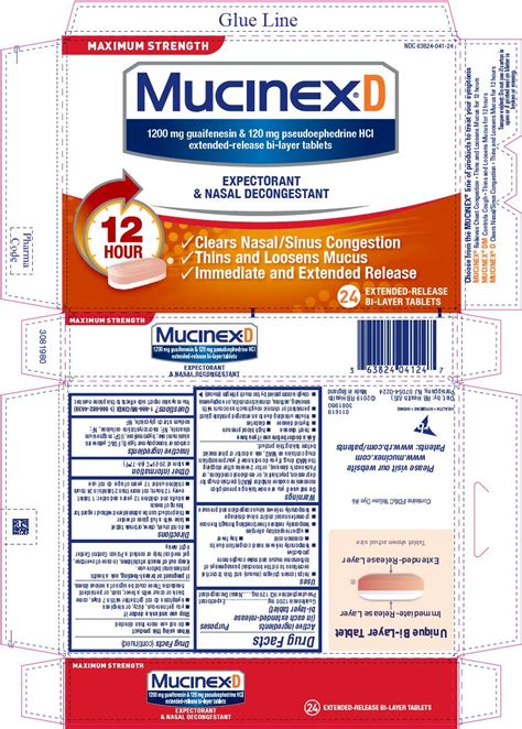Mucinex d active ingredients. Walgreens 44-547. Active ingredients (in each immediate-release tablet) Guaifenesin 400 mg. Pseudoephedrine HCl 40 mg. Purpose. Expectorant. Nasal decongestant. Uses. helps loosen phlegm (mucus) and thin bronchial secretions to rid the bronchial passageways of bothersome mucus and make coughs more productive. 