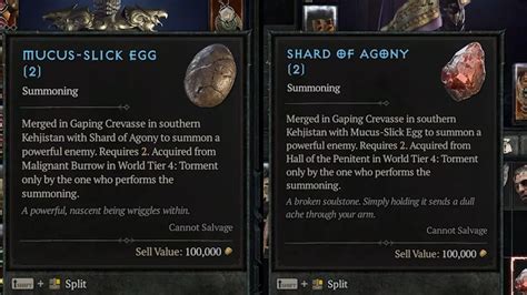Mucus-slick egg diablo 4. Feb 2, 2024 · How To Get Mucus-Slick Eggs In Diablo 4. Mucus-Slick Eggs can be farmed by defeating Echo of Varshan in World Tier 4 (Torment difficulty). He is a level 75 boss, so easier to beat than Uber Duriel. You will need to summon Echo of Varshan at the Malignant Burrow, right next to the Tree of Whispers. Summoning the Echo of Varshan requires: 1 ... 