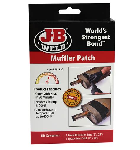 Muffler patch kit. When in contact with a heat source, this product will cure itself and form a strong, permanent patch to the underlying surface. Epoxy-coated fiberglass wrap. Withstands up to 600°F. … 