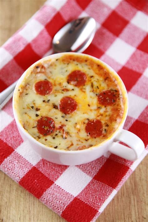 Mug pizza. A cheesy pizza snack that’s ready in minutes! You’ll make a quick dough from basic ingredients in a microwaveable mug, before adding marinara sauce, cheese and your favorite toppings. Using a wide mug will give the best results, and you can expect a soft, doughy base topped with bubbling cheese and 