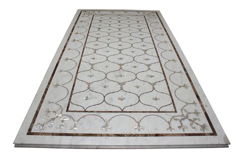 Mughal Lotus Inlay in White Marble Dining Table