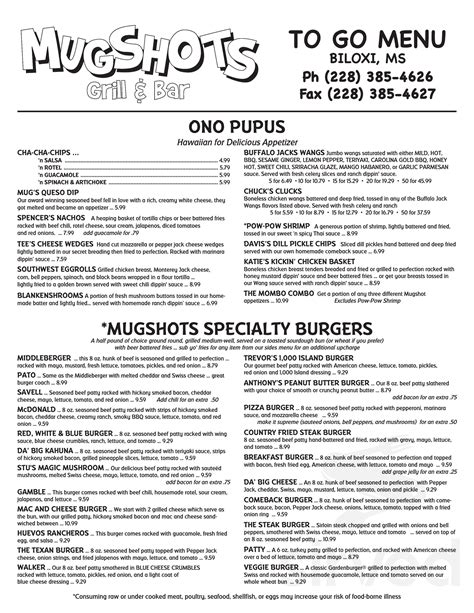 Mugshots bar and grill menu. Location and Contact. 300 River Highland Blvd. Covington, LA 70433. (985) 893-2422. Website. Neighborhood: Covington. Bookmark Update Menus Edit Info Read Reviews Write Review. 