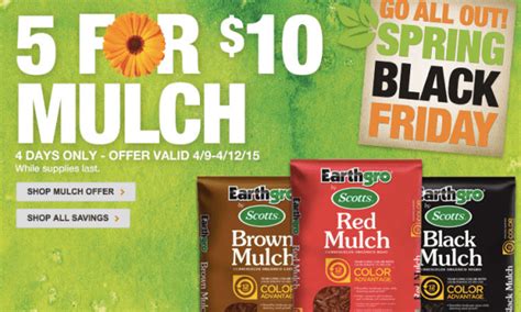 Mulch sale 5 for $10 2023. Premium Color Mulch comes in three different colors: brown, black and red. Gives any landscape a finished look and feel. Controls moisture to help reduce water use and regulates soil temperature. Premium mulch. Seasonal color for 1 year. Product is available in 3 colors: black, red, brown. 