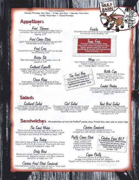 Mule barn tavern menu. Mule Barn Tavern will be open from 11 a.m. - 10 p.m. Friday. Their address is 36 Kearney Rd, Highlands, NJ 07732 Phone : (732) 233-9277 Check out their food menu . The past few days have been a ... 