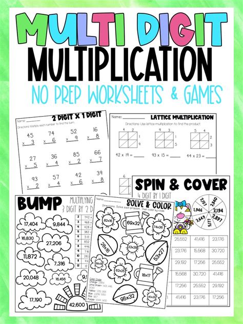 Multi Digit Multiplication No Prep Games & Worksheets Spring Themed in