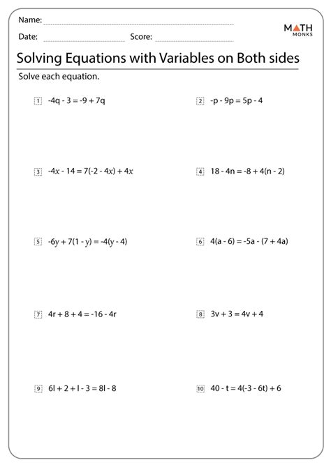 Multi Variable Equations Worksheet
