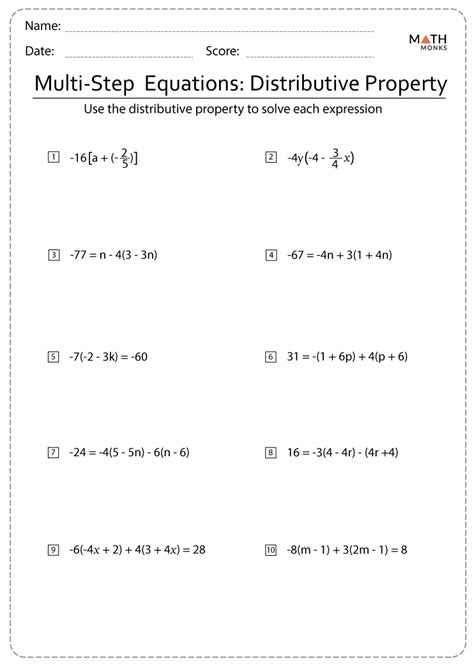 Multi step equations with distributive property worksheet. With this worksheet generator, you can make customizable worksheets for the distributive property and factoring. These worksheets are especially meant for pre-algebra and algebra 1 courses ... Students develop understanding by solving equations and inequalities intuitively before formal solutions are introduced. 