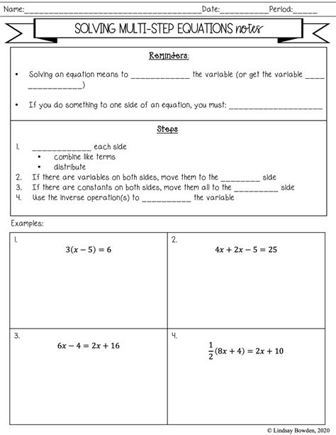 MultiStep Equation Notes and Worksheets Lindsay Bowden