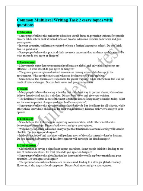 Multilevel writing task 2 topics.  The document lists common essay topi...