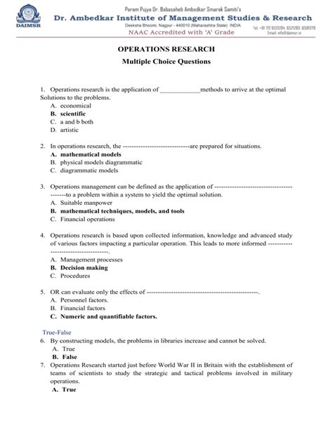 Multiple Choice Questions With Answers In Operations Research