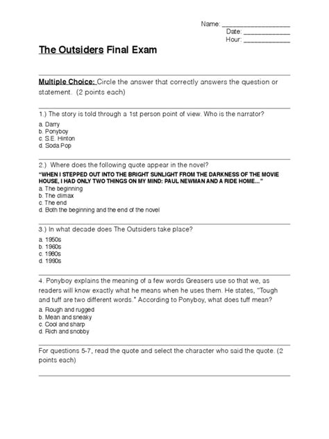 Multiple Final Outsiders Exam Answers Choice