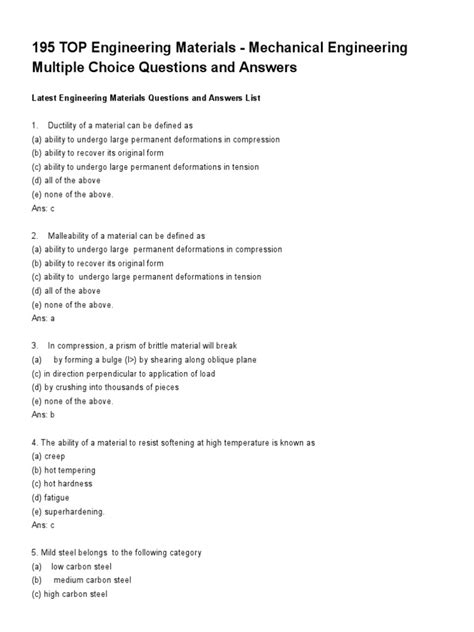 Multiple Materials Choice Engineering Questions