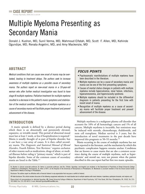 Multiple Myeloma Presenting as Secondary Mania - ResearchGate