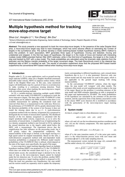 Multiple hypothesis method for tracking move‐stop‐move target