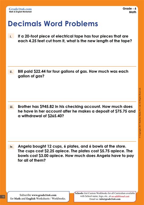 Multiplication And Division Decimals Worksheets Word Problems For