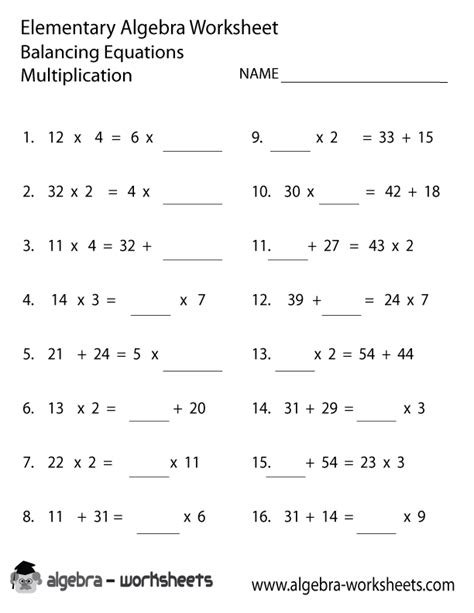 Multiplication Elementary Algebra Worksheet Printable