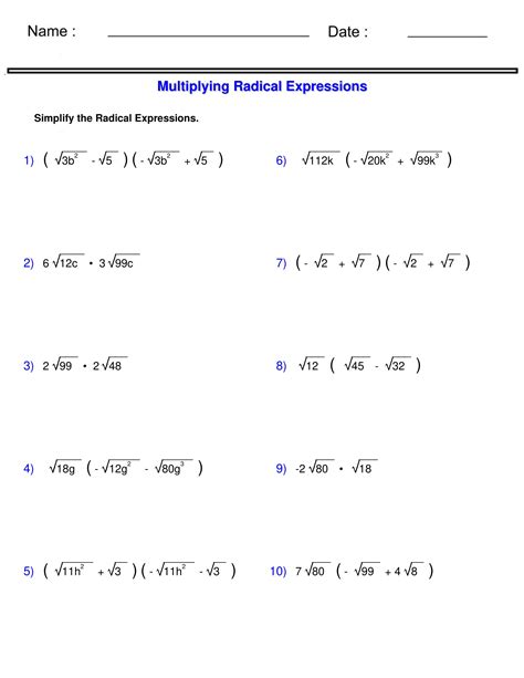 Multiplication Of Radical Expressions Worksheet Free Printable