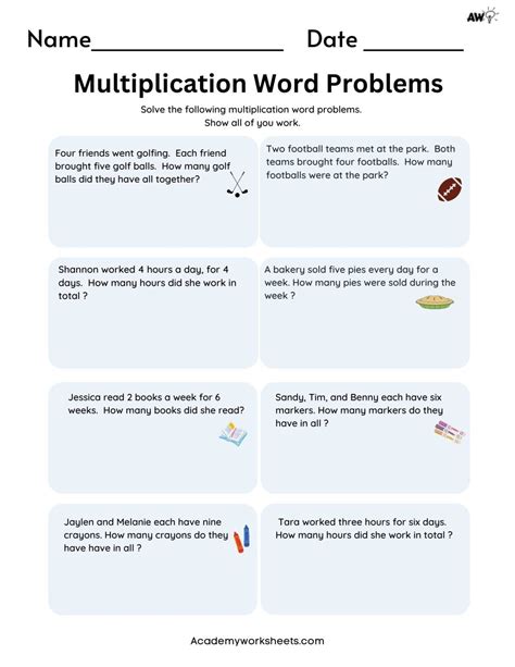 Multiplication Word Problems PDF Single Digit Academy Worksheets